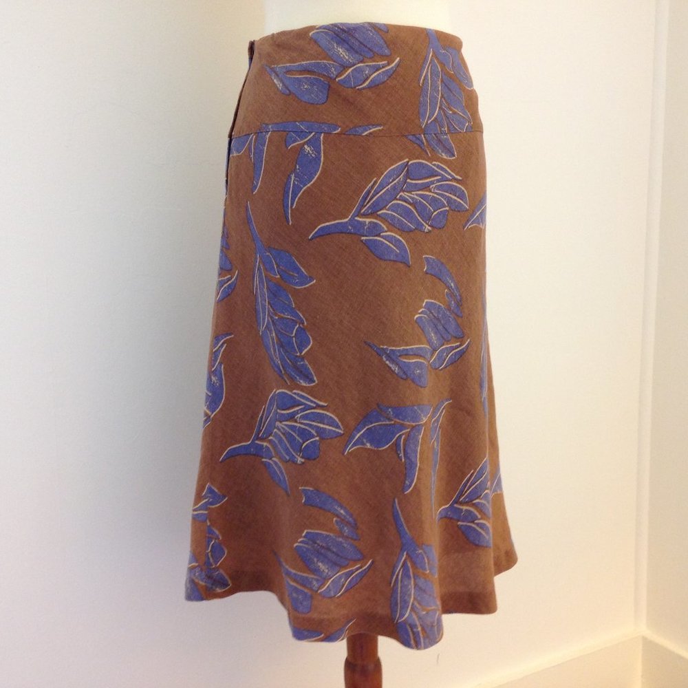 H&M Linen Flared Yoke Skirt Brown & Blue Floral